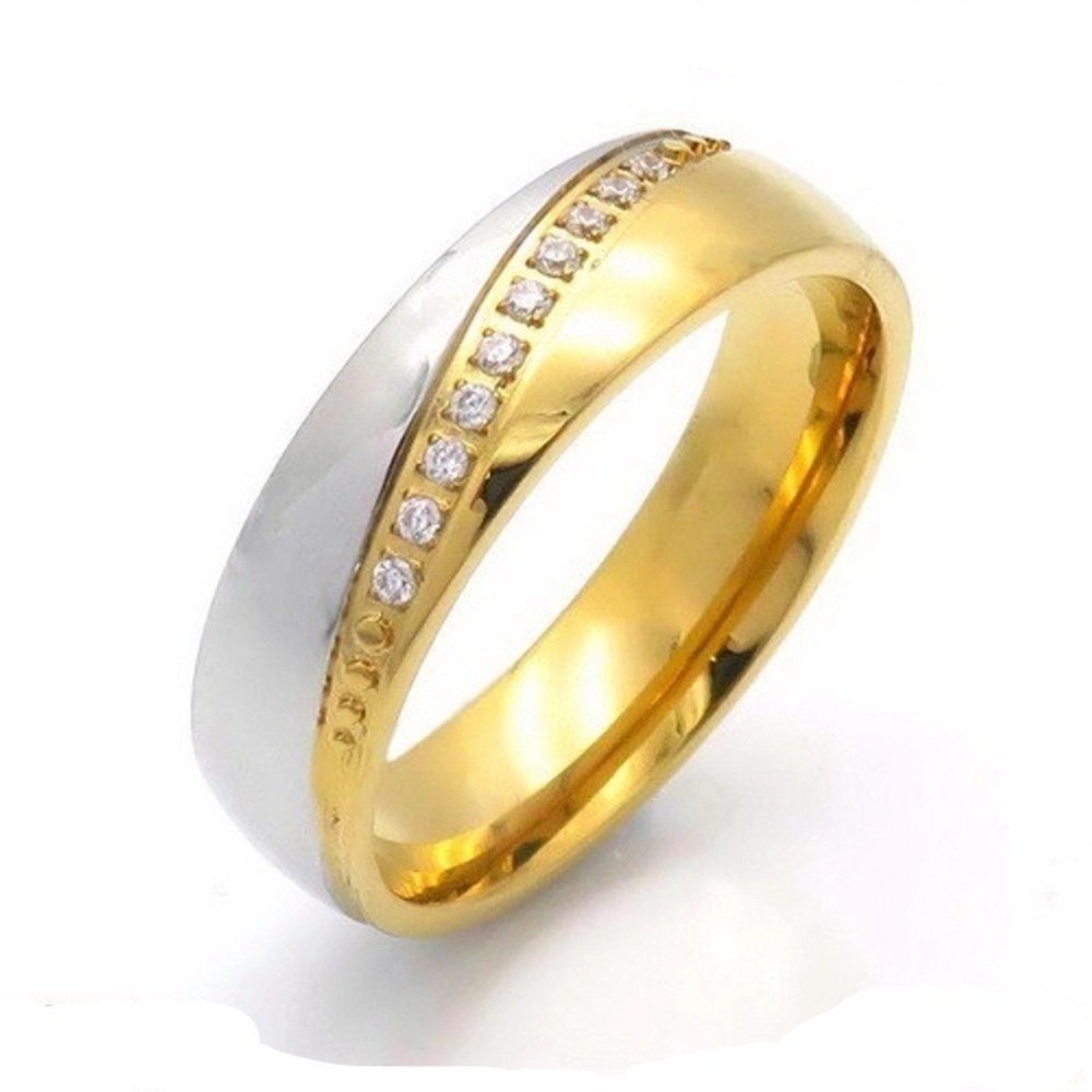 Womens Two Tone 18k Gold Plated‎ Stainless Steel Cubic Zirconia Band Ring Size 7
